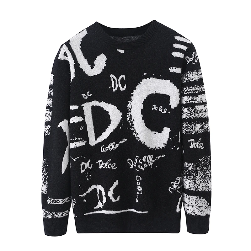 DjzDsm Autumn and Winter O-neck 100% Merino Wool Knitted Sweater Casual Long Sleeved Men's Clothing Letter Pattern Base Sweater