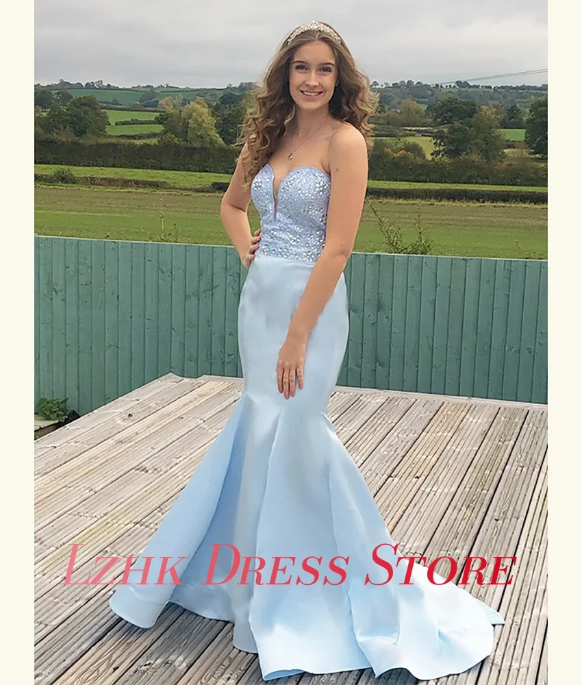 Vestido de noche de cristal de sirena de satén personalizado de alta calidad, vestidos de ocasión a medida hasta el suelo sin mangas con escote en forma de corazón a la moda