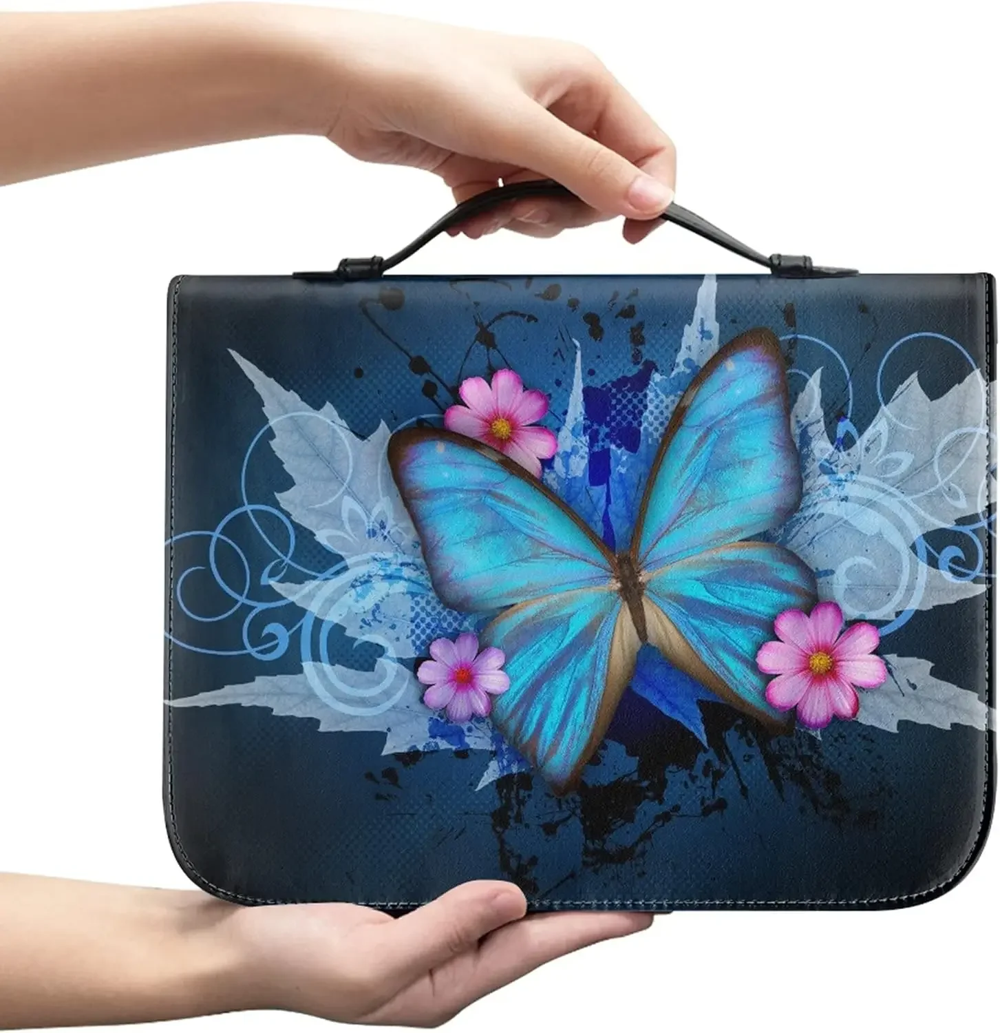 Flowers Butterfly Print Leather Bible Storage Bag for Women Men Handle Handbags Bible Hymns Bible Cover Case Carrying Bag