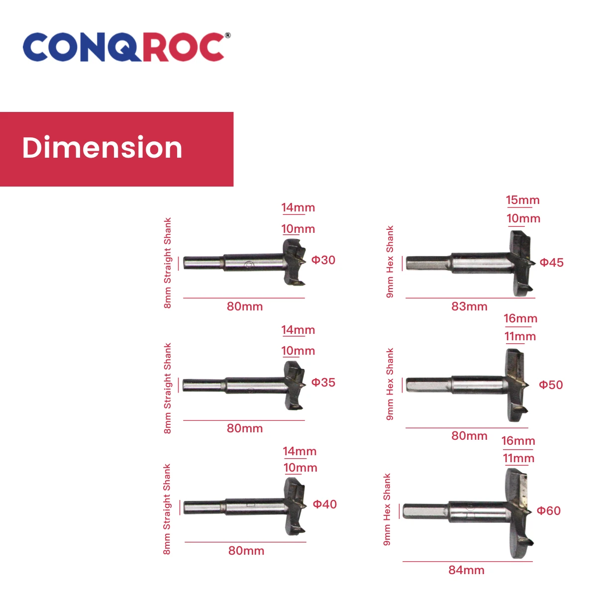 Os bocados de broca de forstner ajustaram os abridores de furo do woodworking do aço do carboneto 6-piece diâmetro-30 & 35 & 40 & 45 & 50 & 60mm