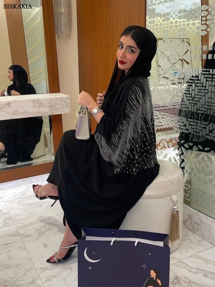 

Siskakia New Rhinestone Decorated Stylish Open Abaya Dubai Batwing Sleeve Cardigan Loose Kaftans Woman
