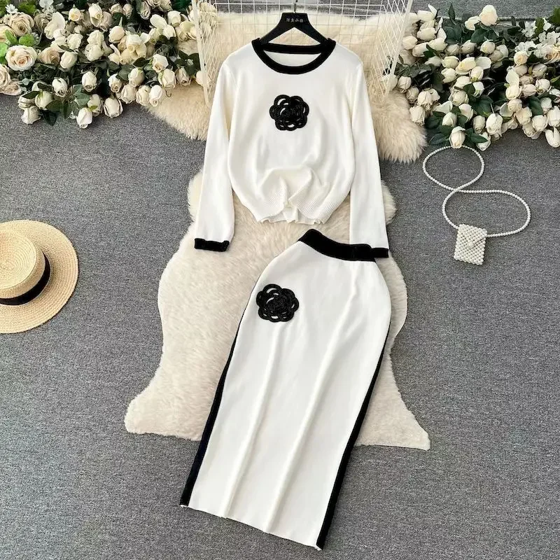 Elegant 2 Piece Skirts Sets Women Korean Wool Knitted Top and High Waist Skirt Two Piece Set for Women 2024 Spring and Autumn