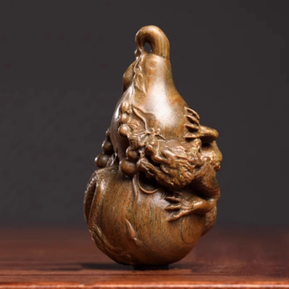 

2.7 INCH Green Sandalwood Hand Carved Netsuke Sculpture Miniature - Baby Dragon on Gourd