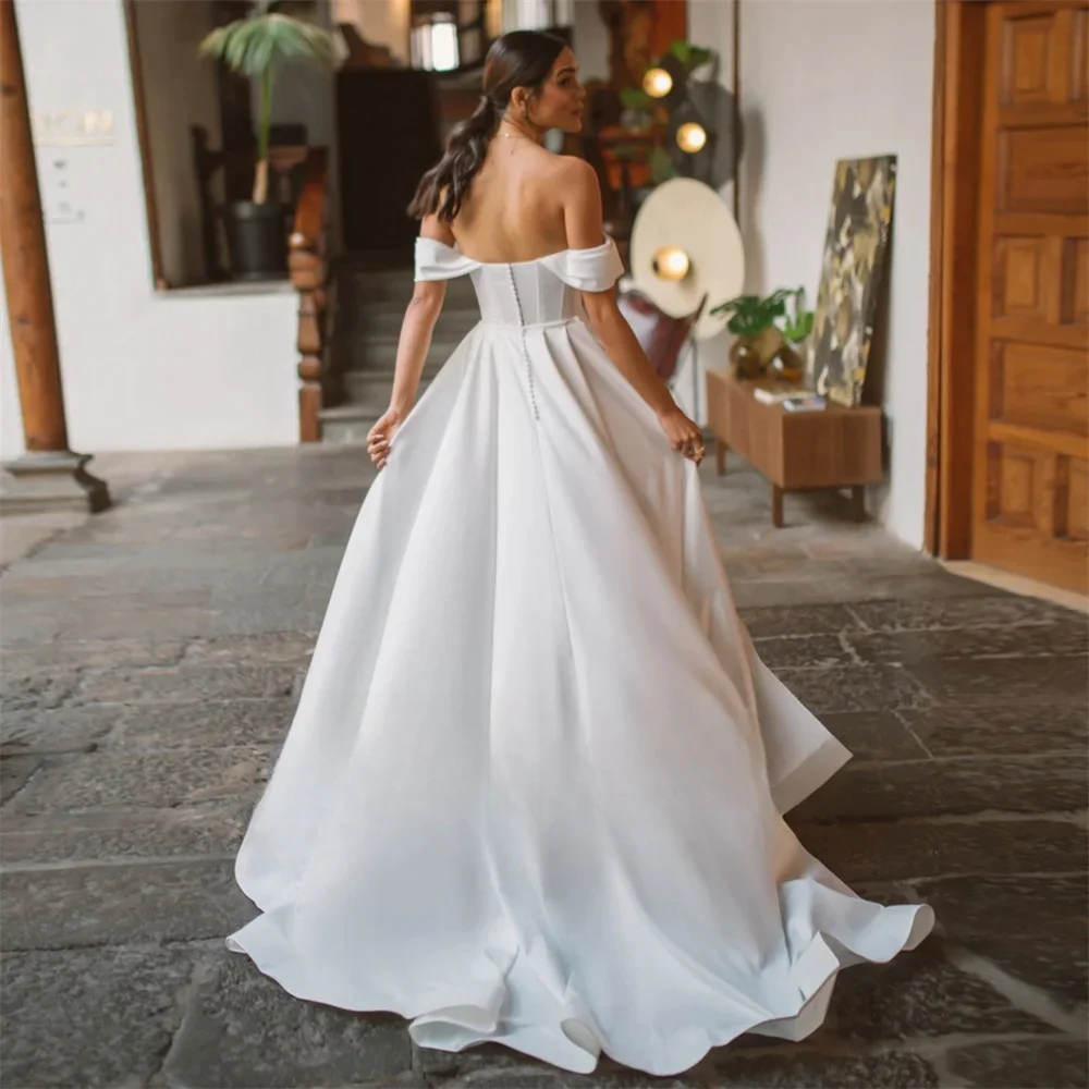 Customize To Measures Off-Shoulder Pleats V-Neck Crepe A-Line Wedding Dress Zipper Back High Side Slit Detachable Robe 2024