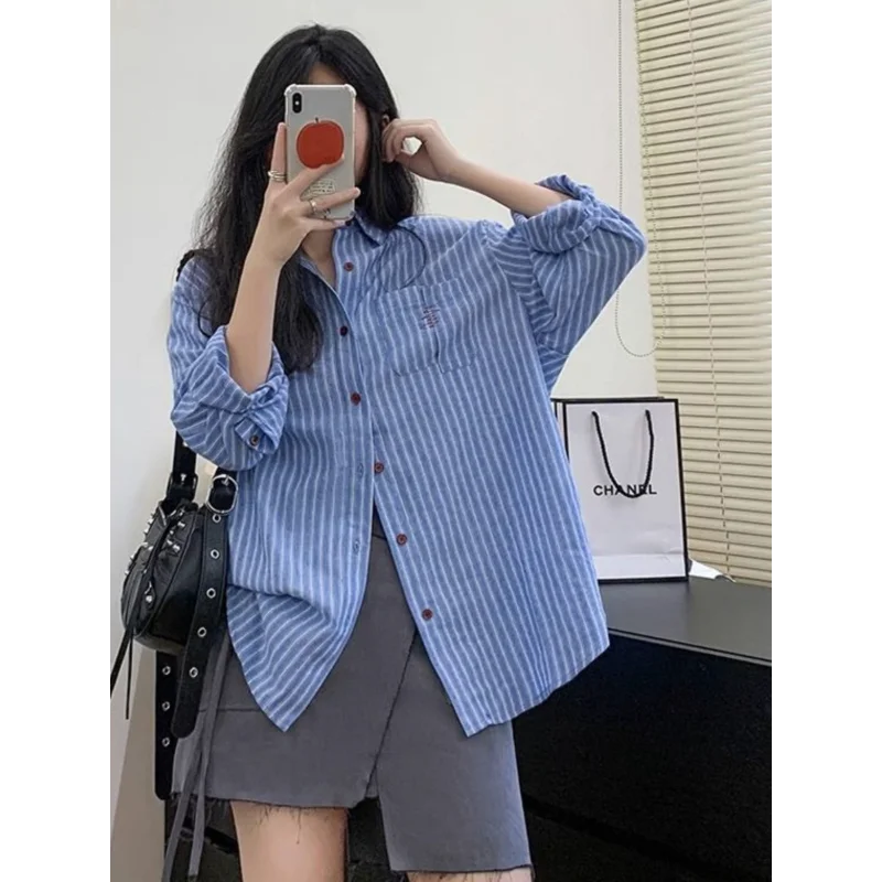 قميص مخطط أزرق على طراز الكلية الكورية للخريف للنساء، جو أنيق فضفاض ومتعدد الاستخدامات #3