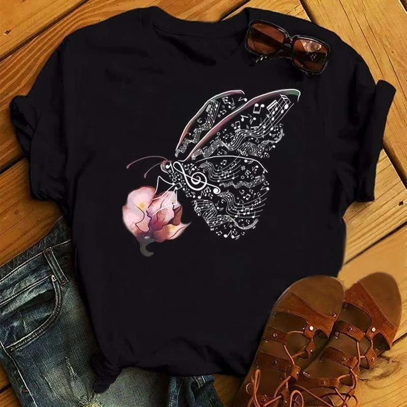 Women Flower Butterfly Fashion Print T Shirt Casual Short Sleeve Ladies T Tee Female Top Shirt Clothes Womens Graphic T-shirt