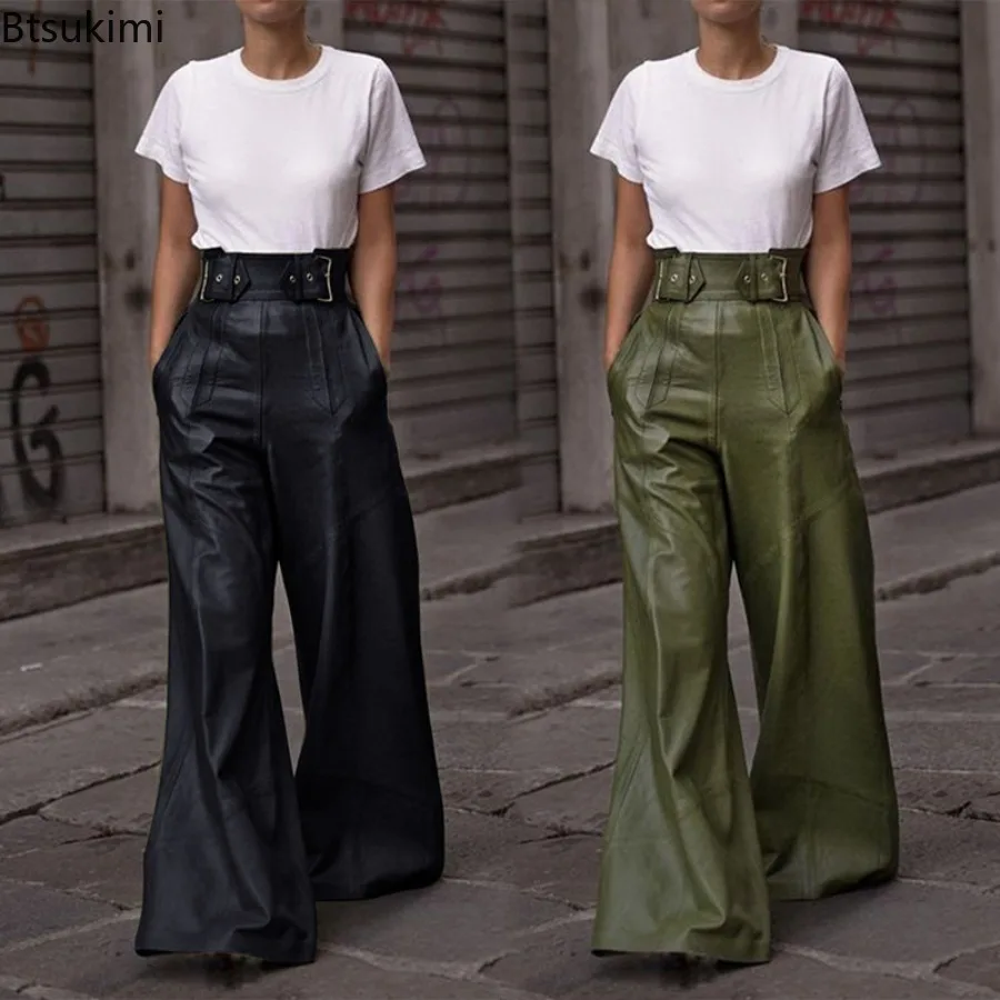 

New Women's Fashion Solid Faux Leather High Waist Wide Leg Loose Pants Sashes Zipper 2026 Spring Party Casual Street PU Trousers