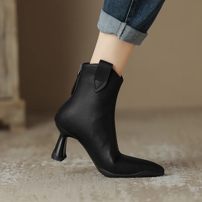 2024 Autumn Women Boot Split Leather Short Boots for Women Fashion Pointed Toe High Heels Winter Ladies Shoes Chelsea Grey Shoes