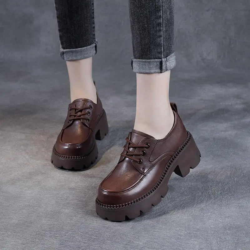 Thick-soled platform shoes women's lace-up British style small leather shoes autumn brown retro heightened leather shoes women