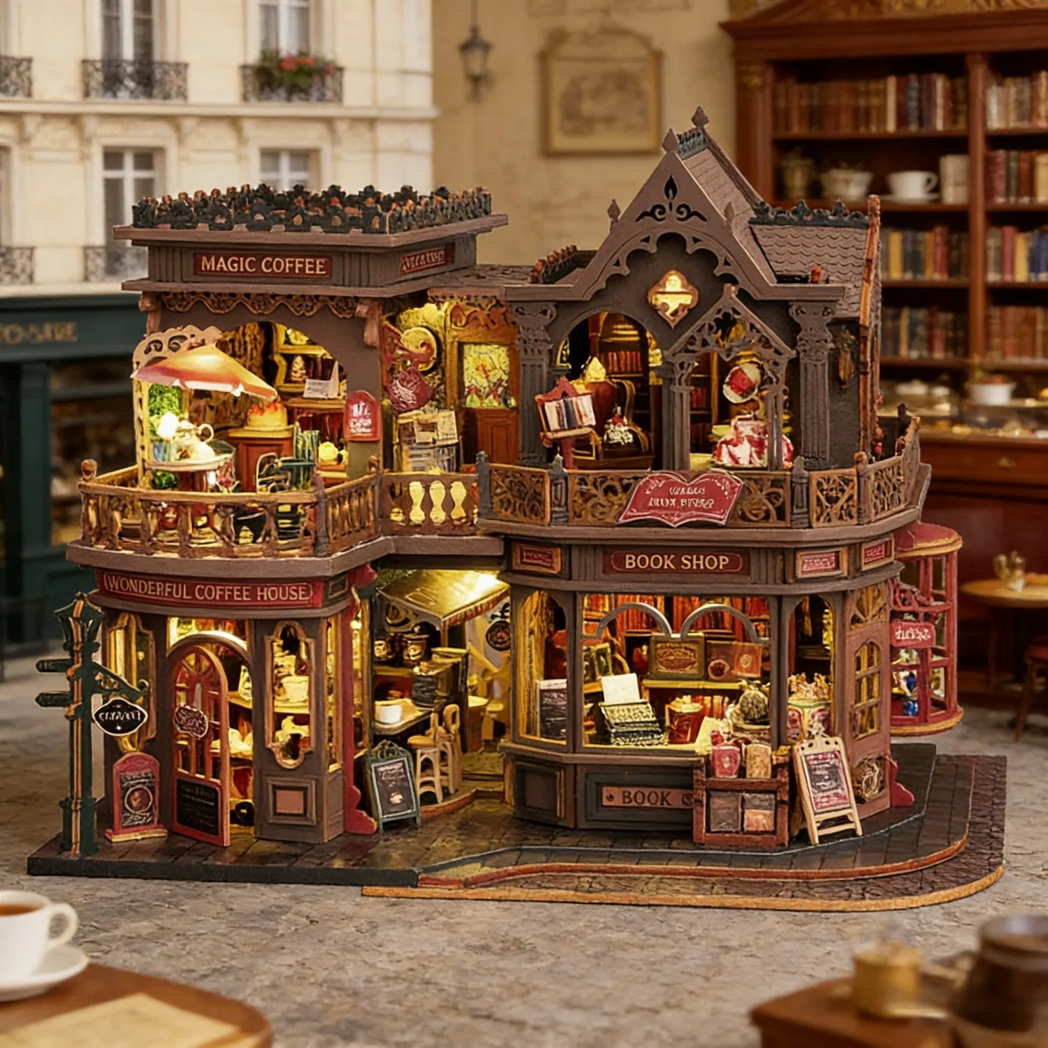 Cafetería en Miniatura DIY - Kit de Rompecabezas 3D para Estantería, Sujetalibros Hecho a Mano, Regalo Creativo para Decoración del Hogar y Coleccionables