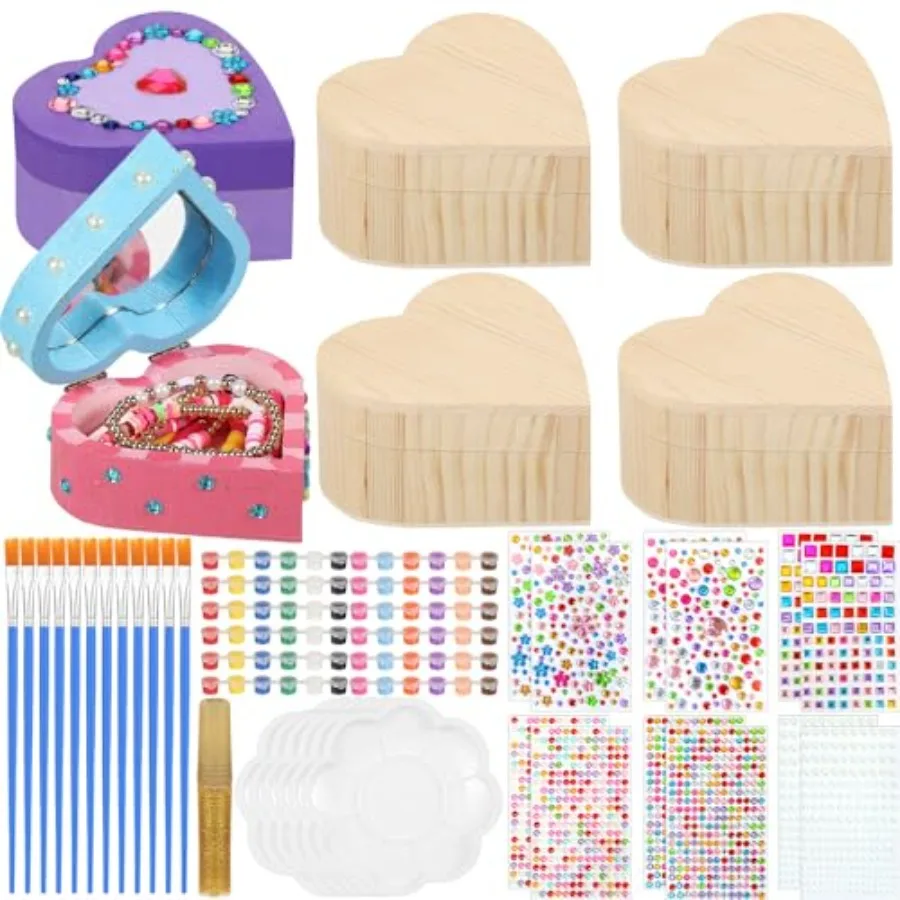 

6 Sets Paint Your Own Heart Box Kit DIY Wooden Jewelry Box Unfinished Heart Shaped Boxes Valentine's Day Painting Arts Gift Cra