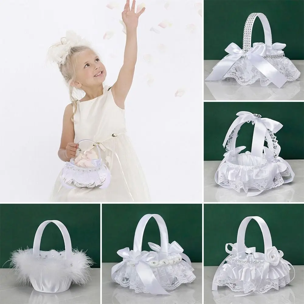 Ceremony Rhinestone Home Decor Lace Pearl Wedding Flower Basket Flower Girl Basket Romantic White