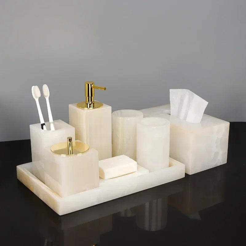 Luxury natural marble White jade bathroom eight piece set of  Home hotel toothbrush cup soap box lotion bottle tray decoration