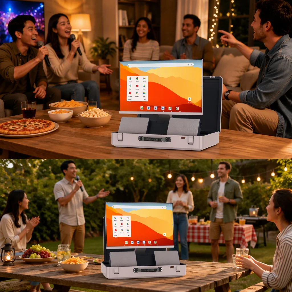 27-inch outdoor portable entertainment center with Android 14 touchscreen, built-in dual 45W speakers, and a protective