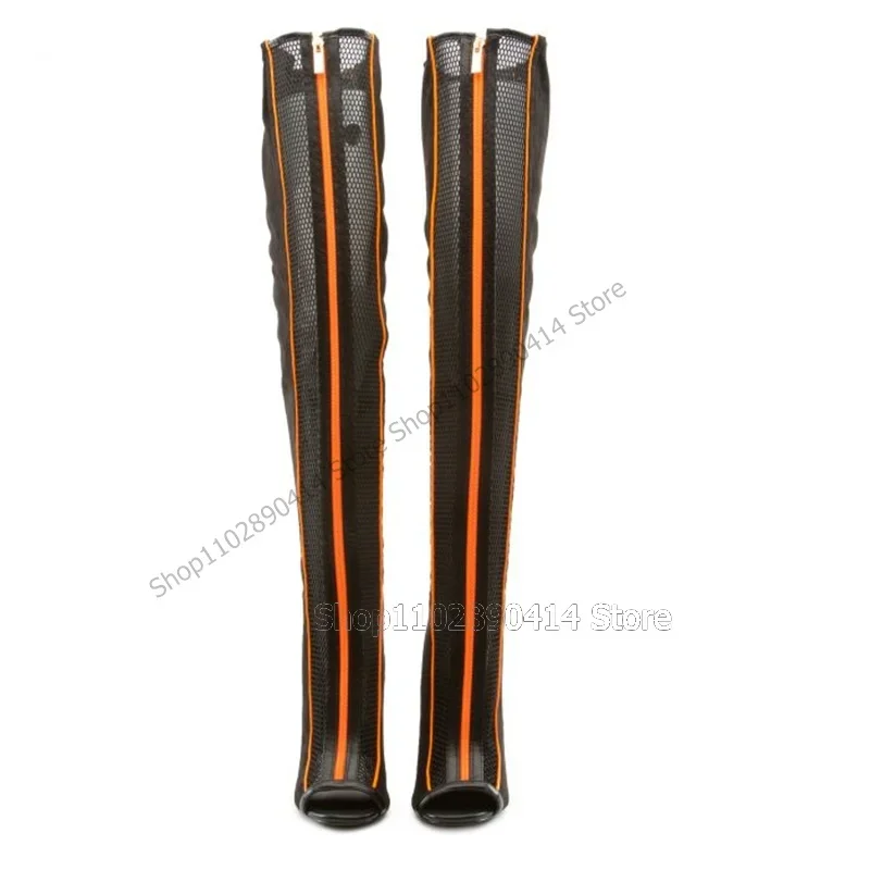 

Black Mesh Orange Stripe Hollow Design Open Toe Boots Front Zipper Women Shoes Chunky Heels Sexy Party 2023 Zapatos Para Mujere