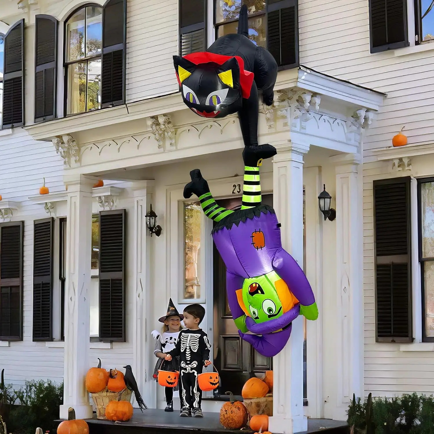 8 FT Hanging Halloween Inflatables Outdoor Decorations Black Cat and Witch | Funny Halloween Blow Up Yard Decorations, Self-infl