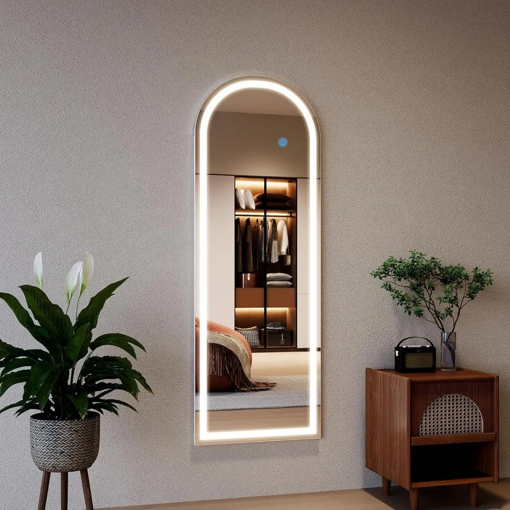 Espelho de chão de comprimento total 56x20 com luzes reguláveis, 3 modos de cor, espelho de corpo inteiro inclinado arqueado