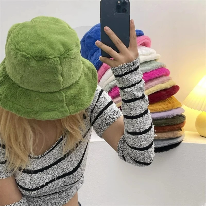 Multi -color Thickening Wool Bucket Hat Autumn Winter Warm Plush Fashion Velvet Panama Casual Hats for Ladies Fisherman Caps