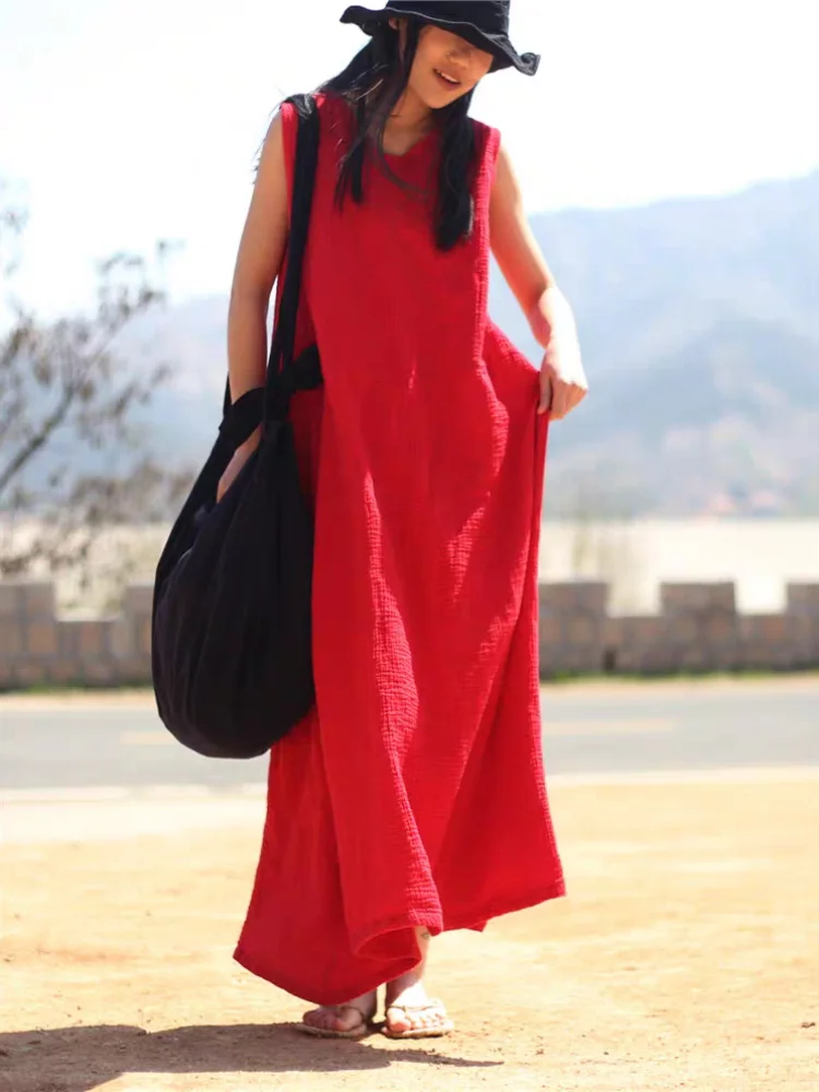 

Women's plus Size Sleeveless Suspenders Cotton Linen Dress Vintage Summer Casual Commuter Gown