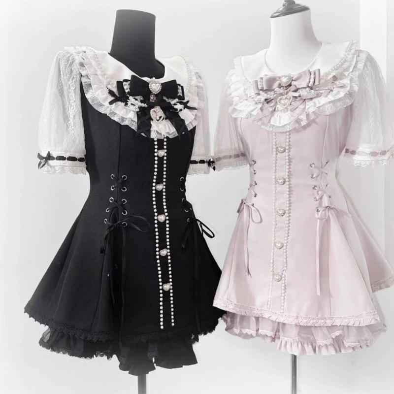 

Y2k Aesthetic Lolita Style Bow Dress Shorts Set Women Kawaii Lace Short Sleeve Bow Shirt Dress Japanese Punk Party Mini Dresses