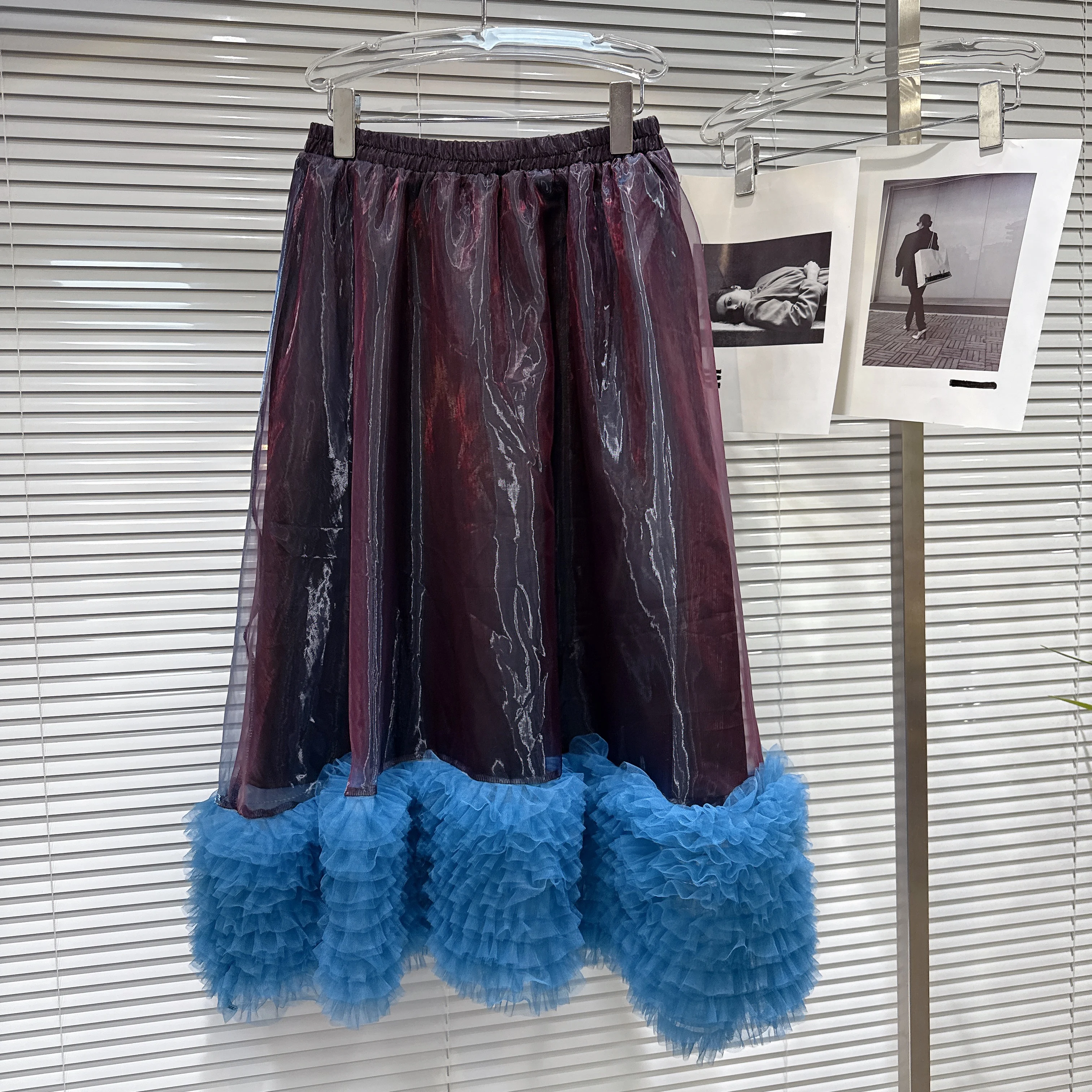

2025 Autumn New Arrival: Sweet & Cool Vibe Mesh Lace Hem Paneled Organza Midi Skirt for Y2K Girls