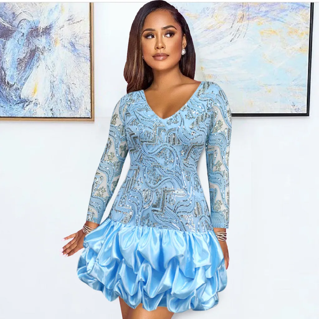 

Fashion Women Elegant Long Sleeves Sequins V Neck Mini Short Dress Party Gowns