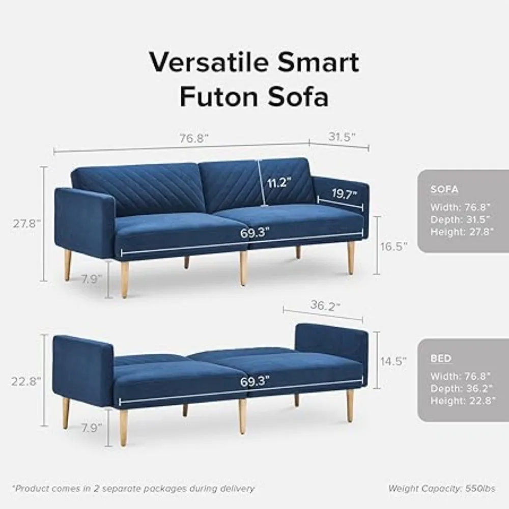 Futon Sofa Bed, Couch, Small Sofa, Sleeper Sofa, Loveseat, Mid Century Modern Futon Couch, Sofa Cama (Classic Blue Velvet)