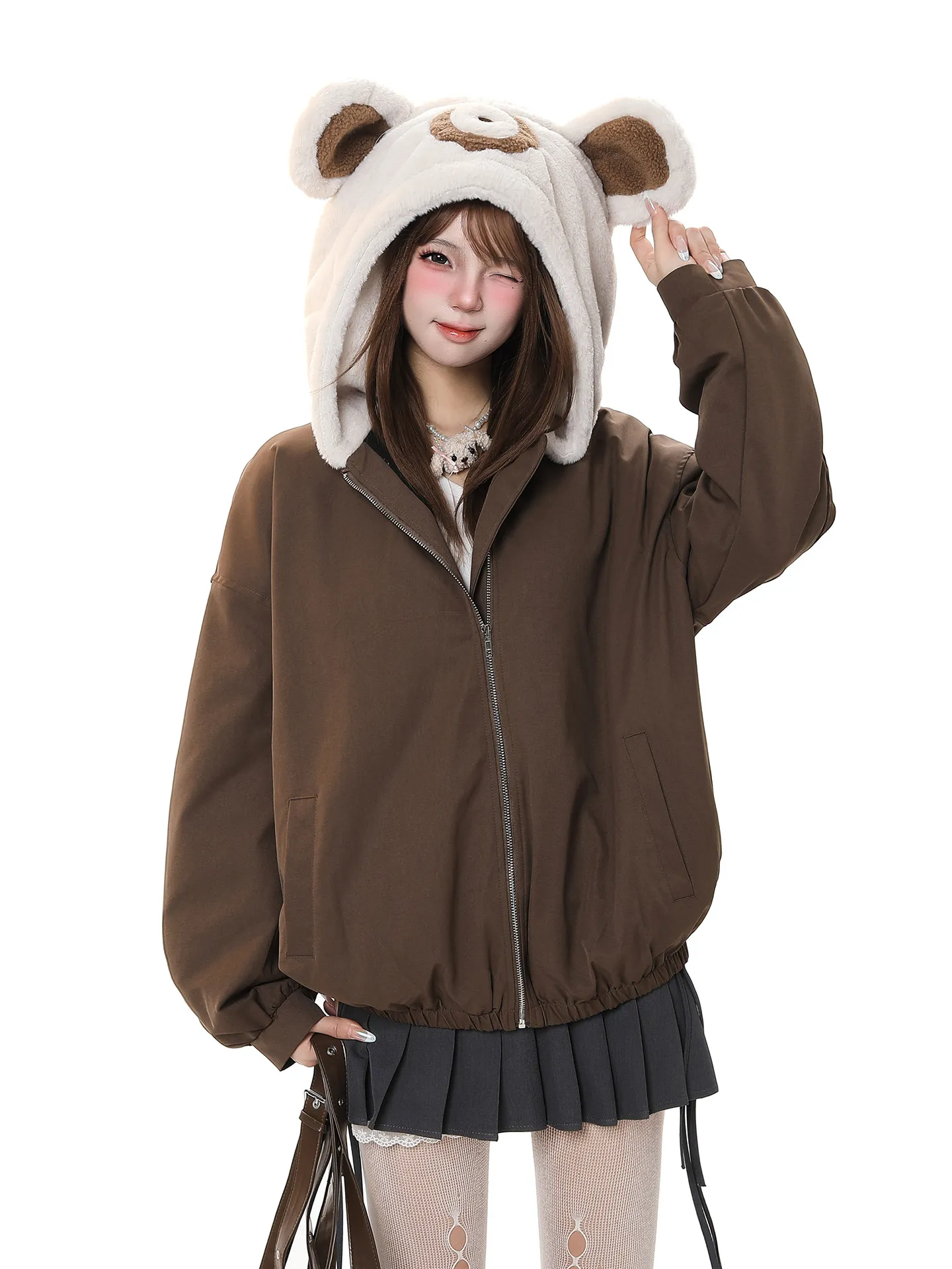 

Женская зимняя теплая хлопковая куртка с капюшоном и ушками медведя, свободного кроя, на молнии, с длинными рукавами, в стиле кэжуал