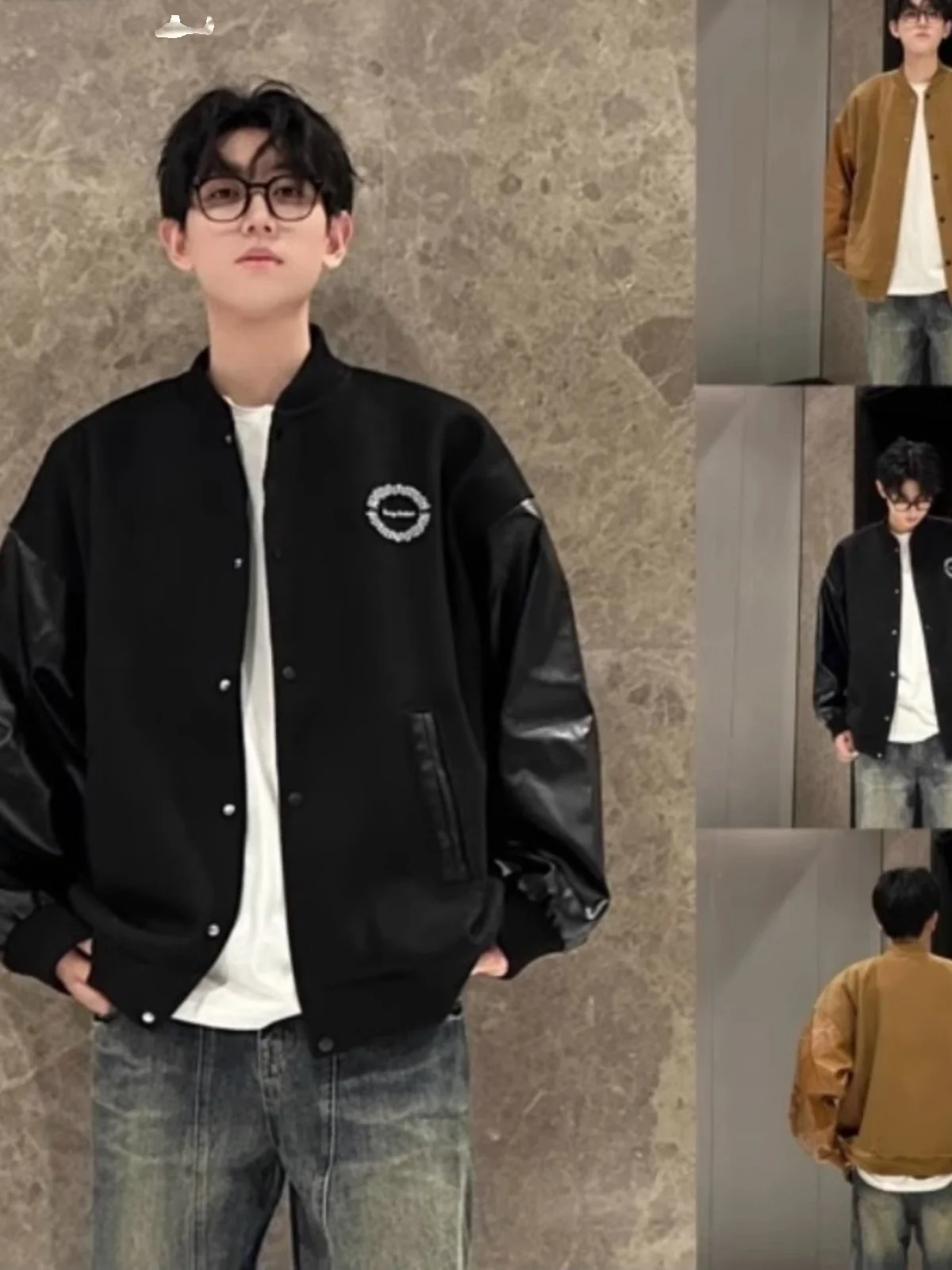 

Мужская бейсбольная куртка из искусственной кожи, шерстяная свободная пара, модная брендовая молодежная осенняя верхняя одежда на одной пуговице