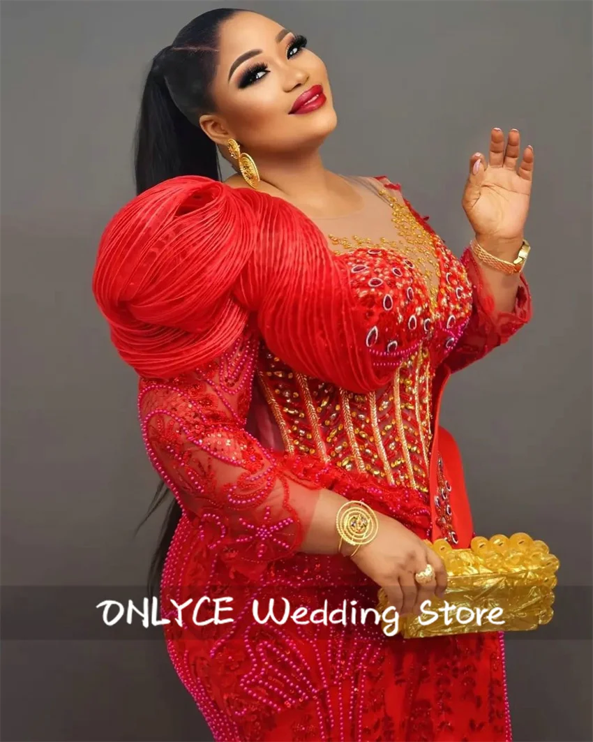 Red Beaded Long Sleeve African Mermaid Evening Dress Aso Ebi Wedding Party Dress See Thru Formal Occasion Dress Customized image 3