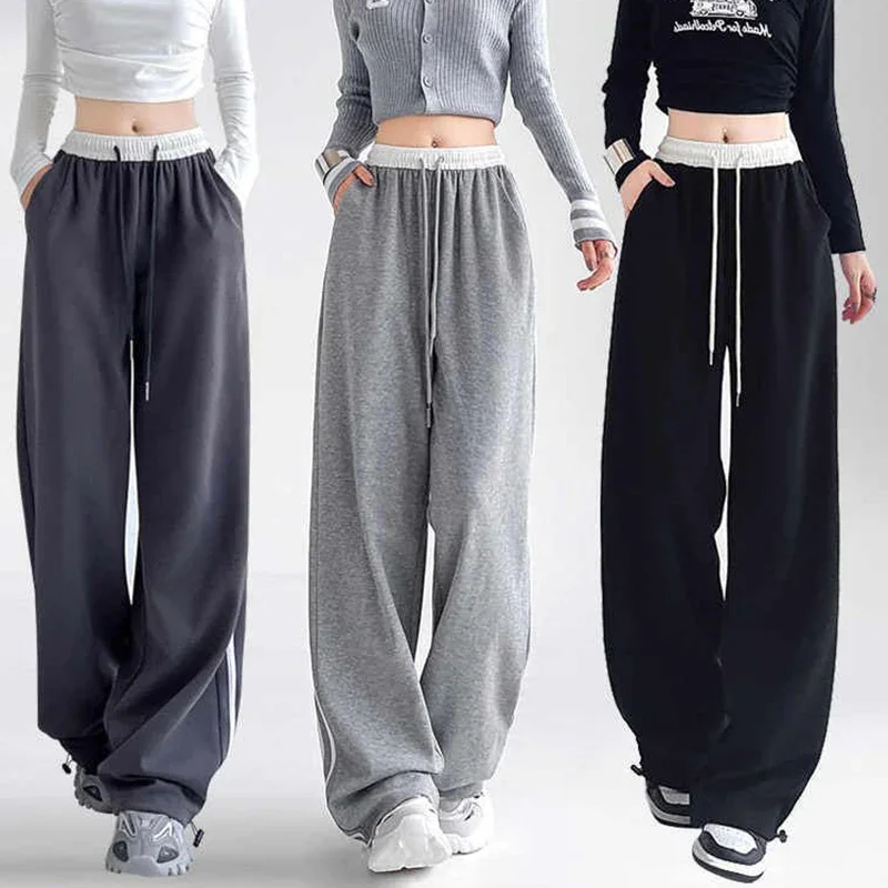 New Ins Fashion Girls Patchwork Sweatpants Lady High Waist Comfortable Baggy Trousers Female Korean Classic Wide Leg Pants