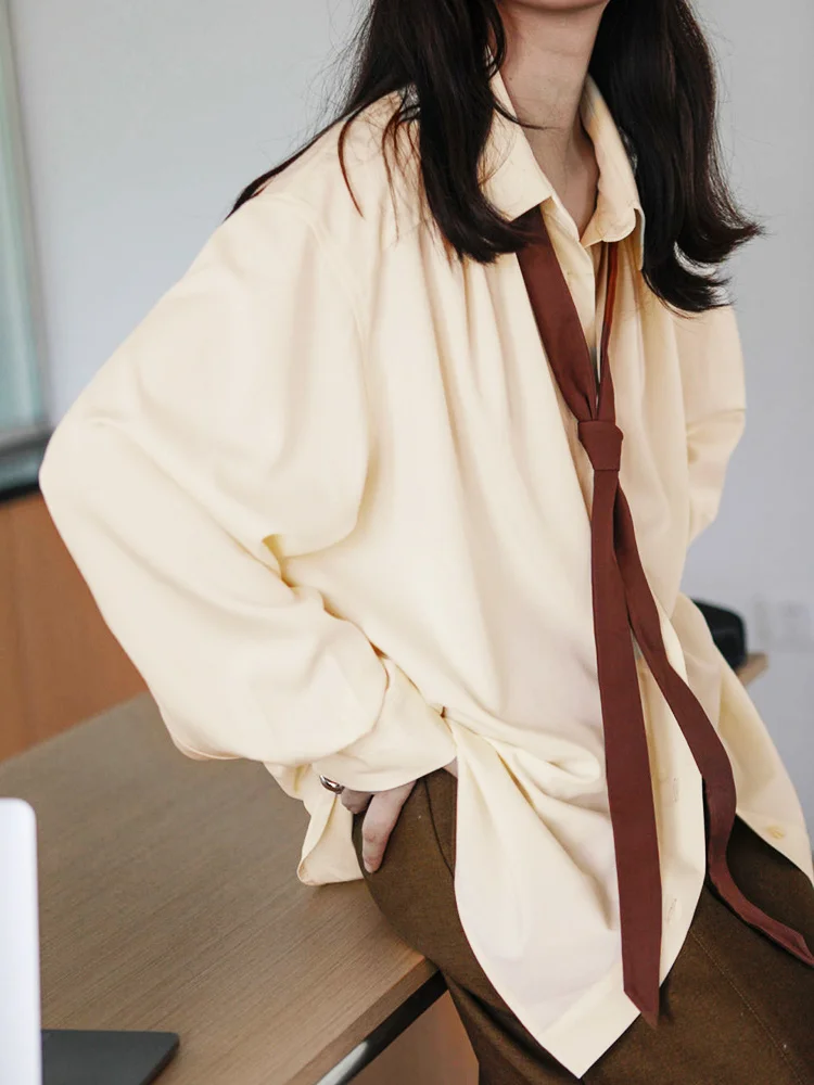 

Oversize Shirts Women Summer Minimalist Long Sleeve Button Up Shirt Korean Style Solid Tie Blouse Loose Clothes Tops