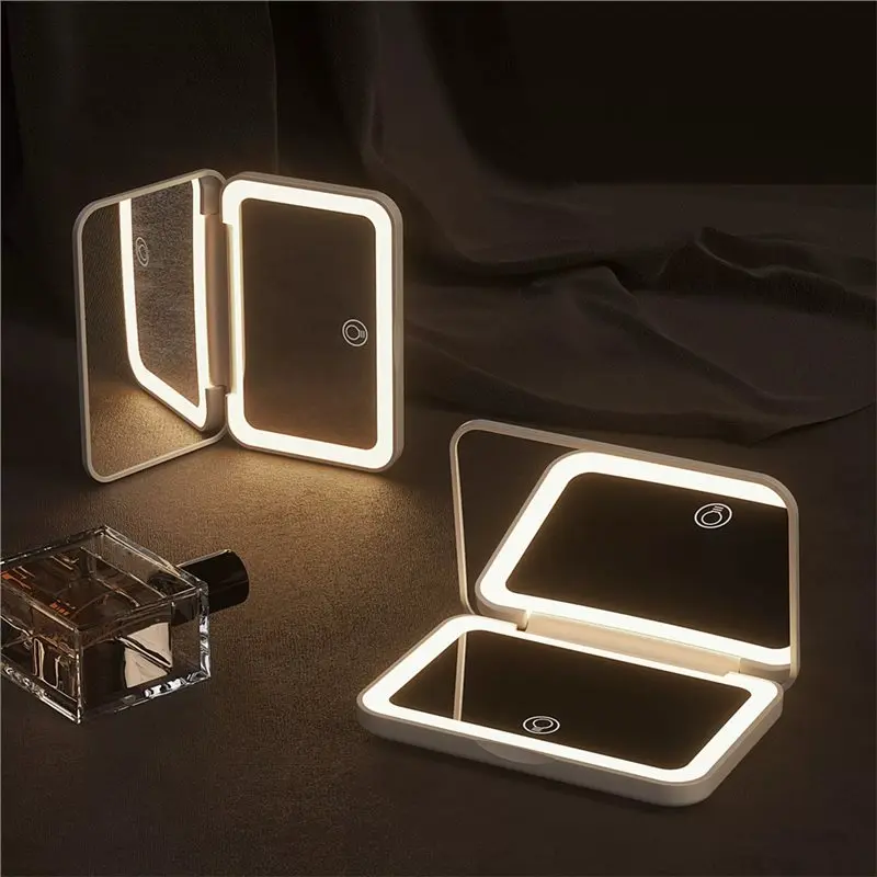 【마지막 기회】컴팩트 미니 접이식 화장 거울 3색 LED 조명 2배 확대 휴대용 여행용 메이크업 거울