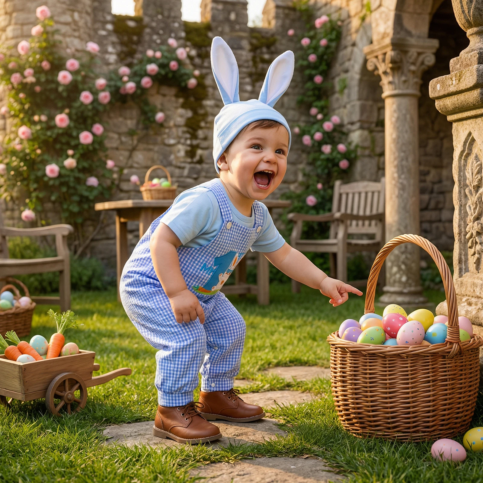 Infant Baby Boy Easter 3Pcs Outfit Short Sleeve O-Neck Solid Color Romper with Letter Bunny Embroidery Plaid Overalls Hat Set