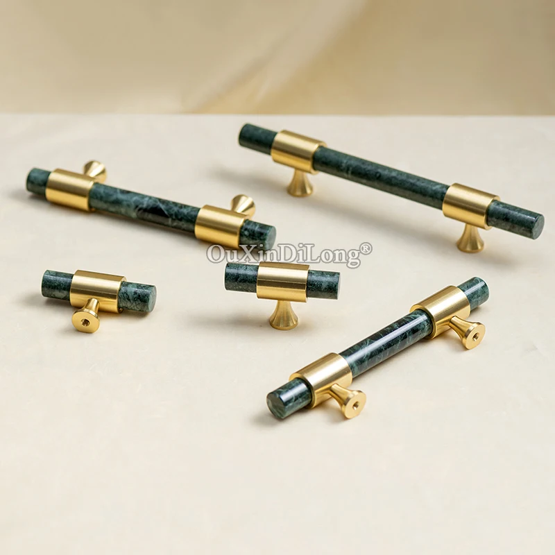 Luxury European 4PCS Brass+Natural Marble Furniture Pull Handles Drawer Pulls Cupboard Wardrobe Kitchen TV Cabinet Handles&Knobs