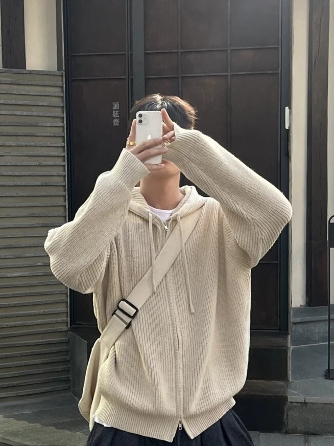 

Casual Korean Sle Men's Knitted Hoodie Double Zipper Loose Fit Open Cardigan Sweater Outerwear Comfortable Warmth Everyday ...