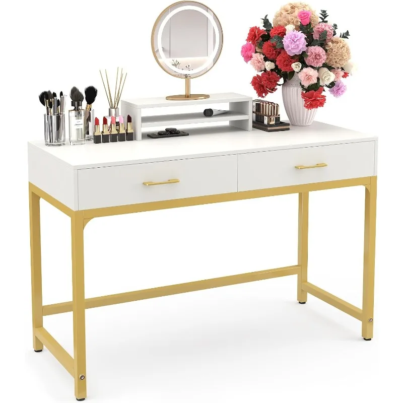 

Women Makeup Vanity Desk with 2 Drawers - Wooden Height Monitor Stand & Storage Shelf Without Mirror, White Table