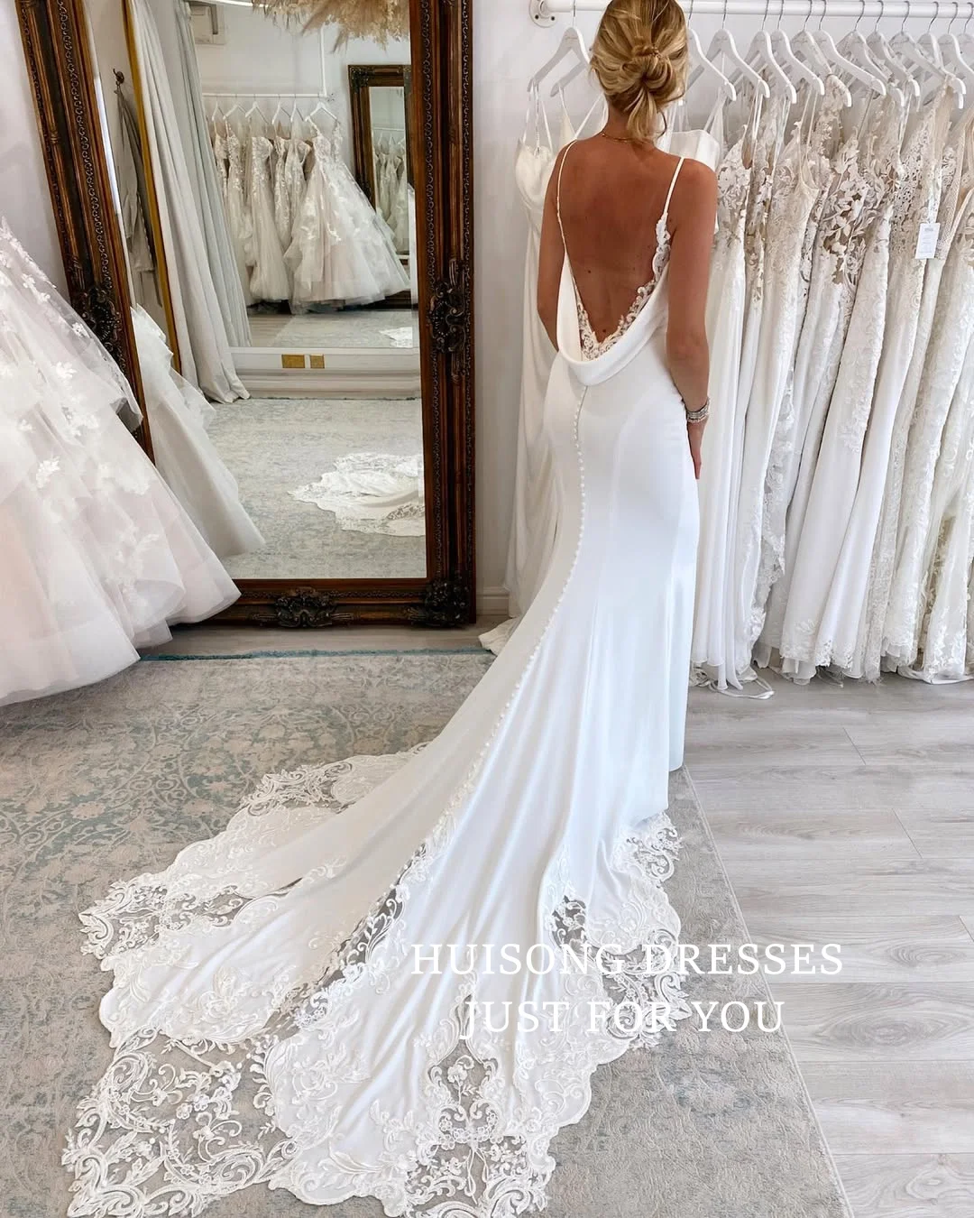 

HUISONG Customized Lace Appliques Mermaid Wedding Dresses Spaghetti Straps Sleeveless Beach Bridal Gown vestidos de novia