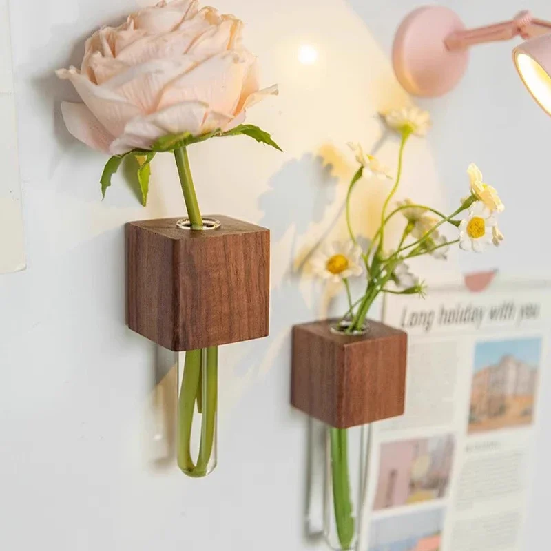 

2pc Wood Test Tube Vase Flower Arrangement Magnetic Tube Vase Simulation Flower Vase Refrigerator Magnet Sticker Kitchen Decor