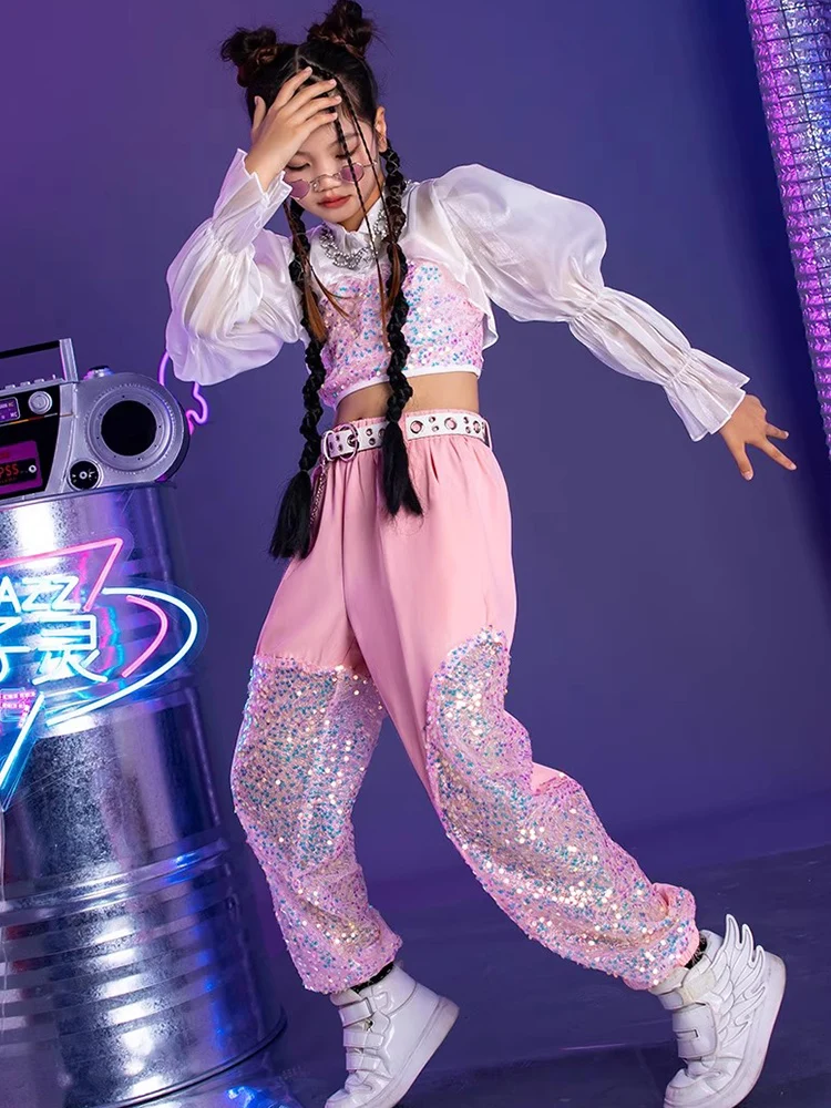 2023 New Jazz Dance Costum Sequins Puff Sleeve Tops Cargo Pants Stage Costume Hip Hop Street Outfit Festival Clothing DL11120