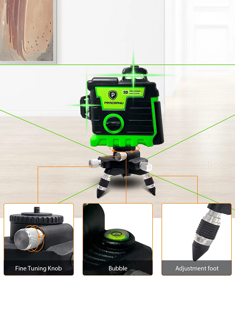 Pracmanu Laser Level 12 Lines 3D Laser Level Self-Leveling Horizontal and Vertical Cross Super Powerful Green Beams