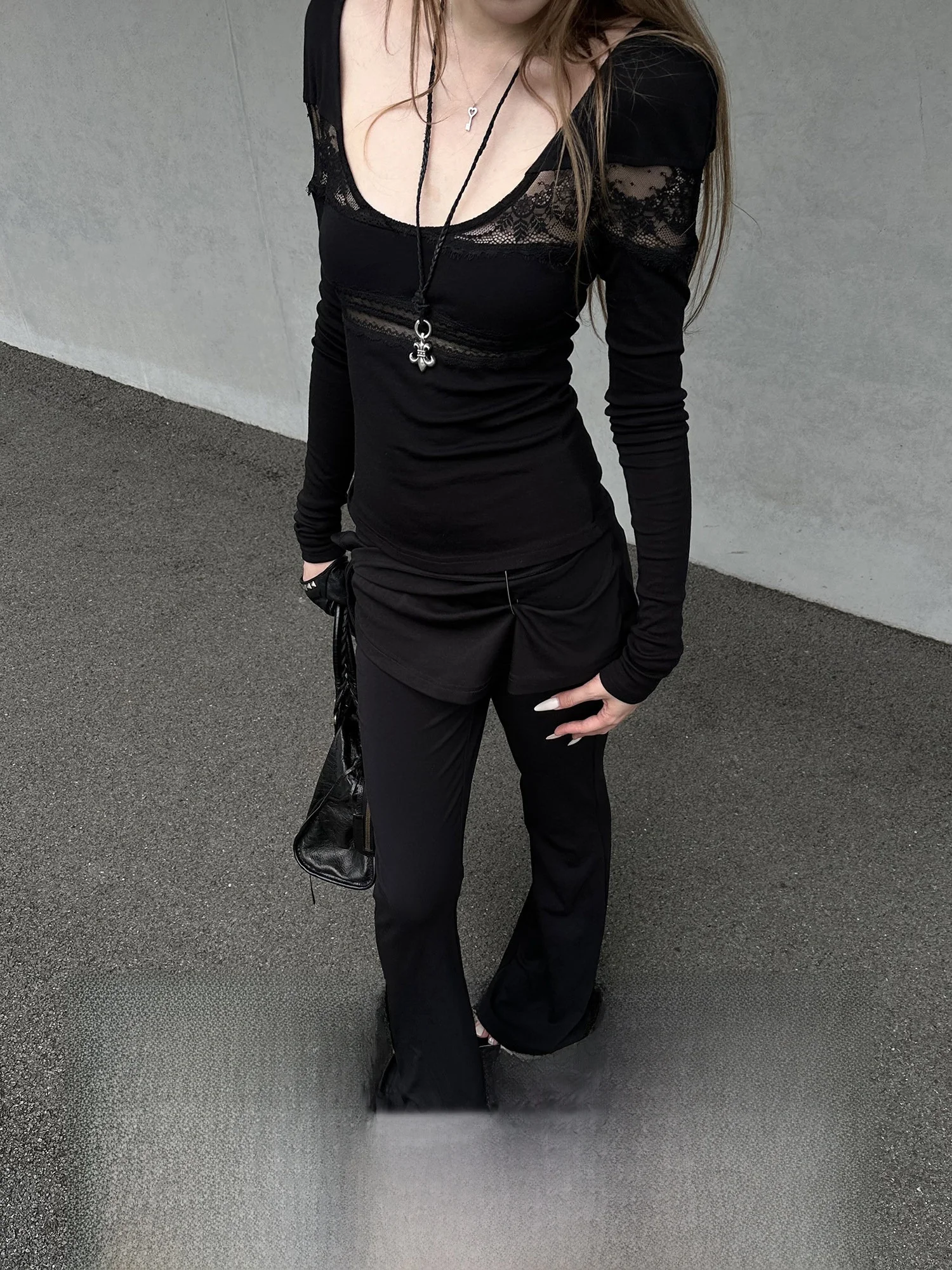 Low Waist Flared Pants Secret Proportion Black Casual Trousers Women's Fashion Modal Cotton Spandex Blend Spring Autumn