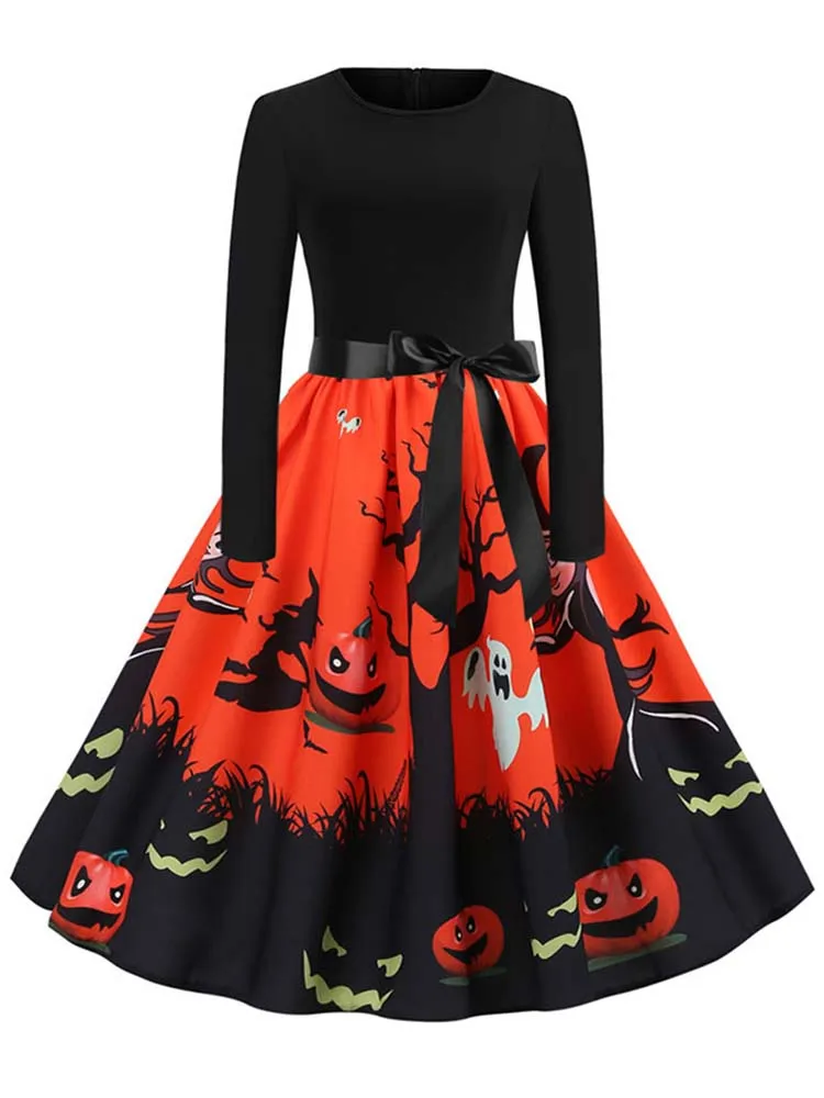 

Women Halloween Dress Black Patchwork Elegant Vintage Party Robe Femme Casual Long Sleeve Rockabilly Sundress