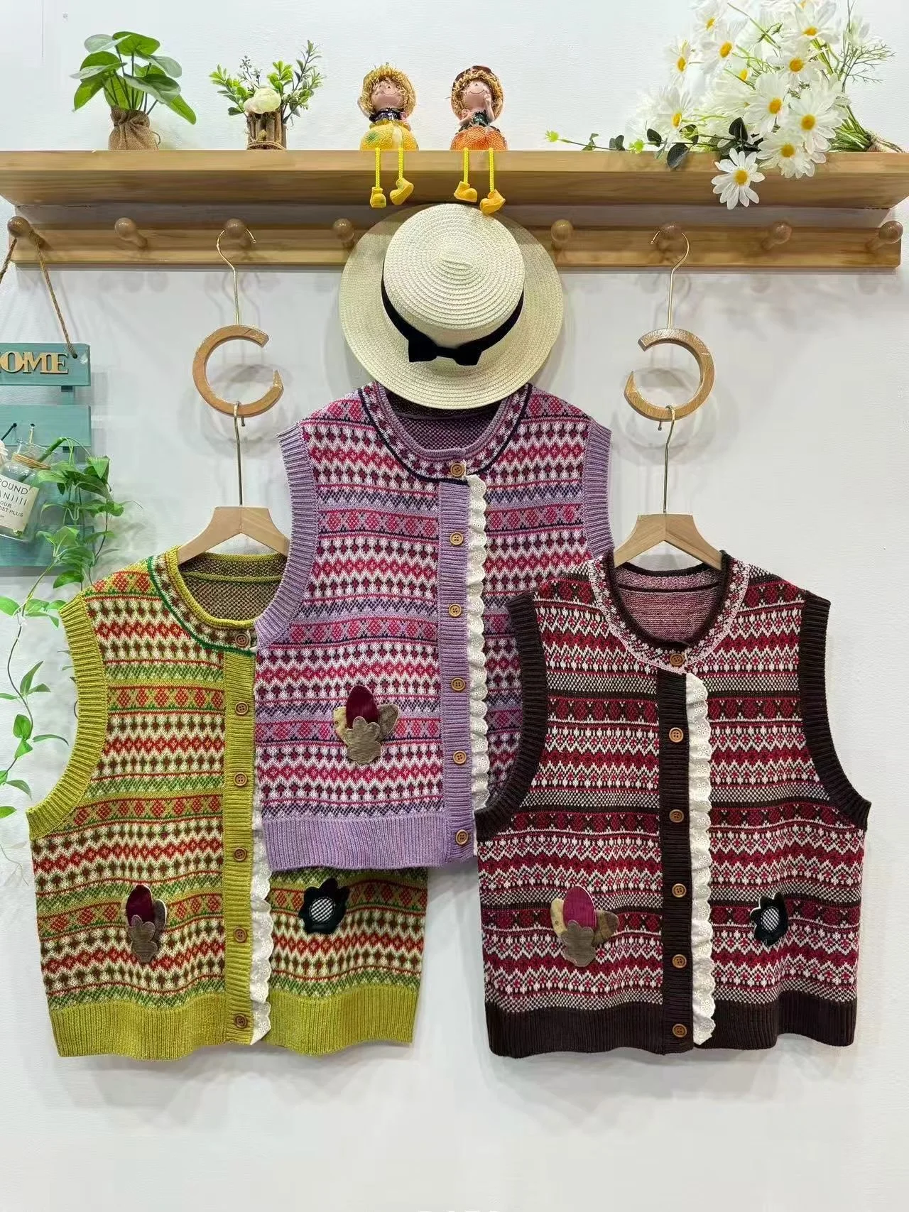 Retro Patchwork Knitted Lace Floral Print Loose Fit round Ne Vest Layering Faionable Top for Women Commute Sle Autumn C...