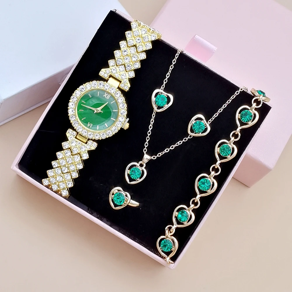 5PCS Set Luxury Rhinestone Watch Women Watch Jewelry Ladies Female Relogio Crystal Ring Necklace Earrings Bracelets With Box