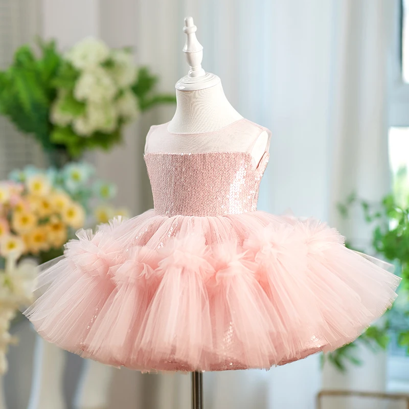 

European and American Children's Dress Pink Sequins Sleeveless Girl's Princess Dress Super Fairy Girl's Puff Cake Dress
