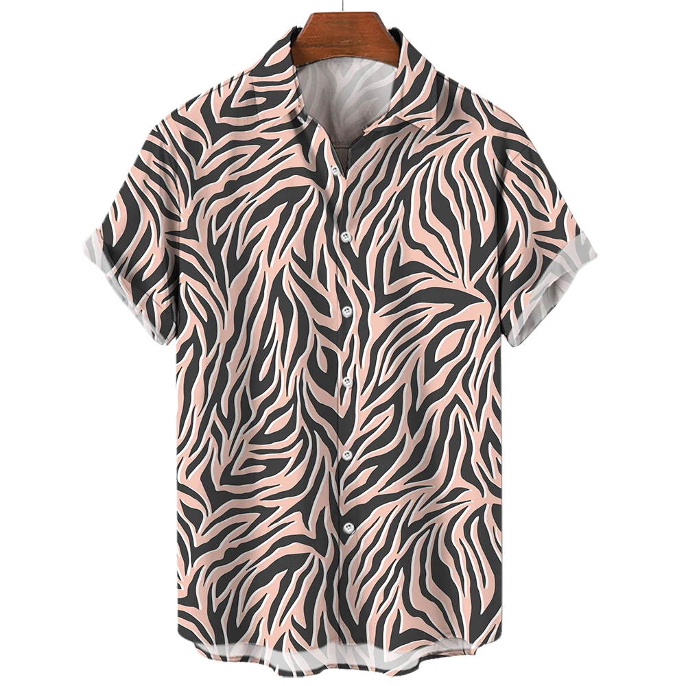 Tiger Stripes Print Summer Men\'s Shirts Casual Oversized Short Sleeve Fashion Single-Breasted Blouses Trend Tops Men Clothing