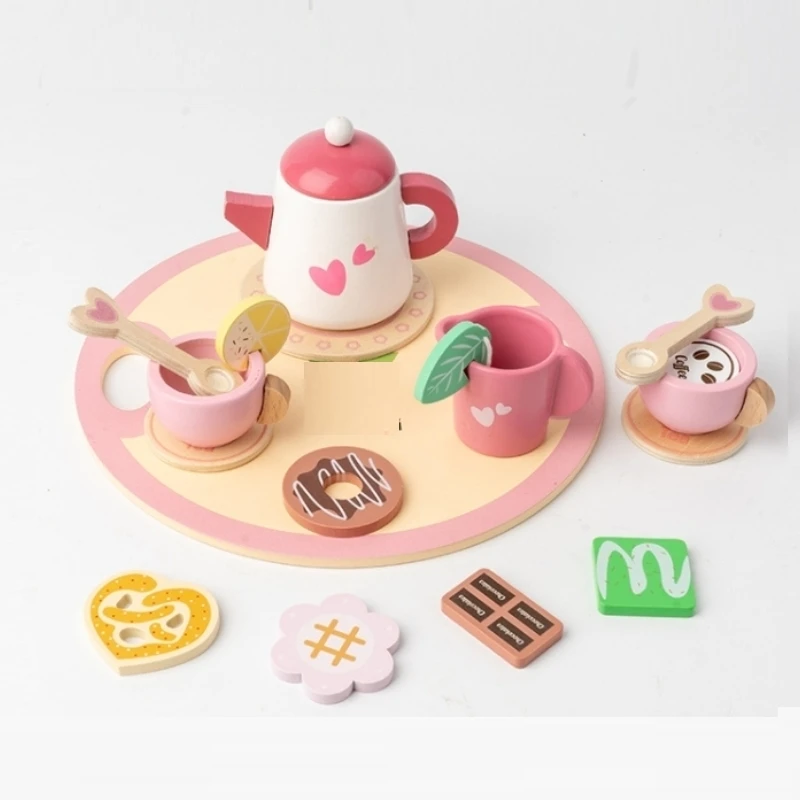 Wooden Early Education Simulation Home Play Noble Afternoon Tea Dessert Cake Sales Teapot Cup Tea Set Wooden Toys Gifts