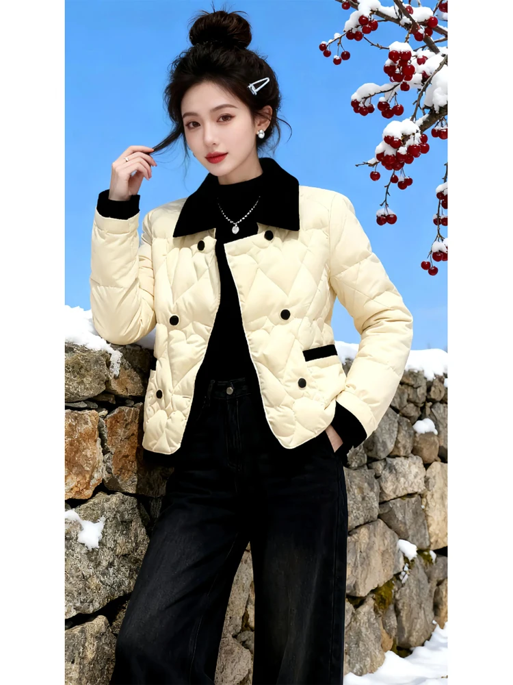 

Утепленная хлопковая куртка женская осенне-зимняя, новинка, дизайнерская, с эффектом высокого качества, воротник-стойка, цветные блоки