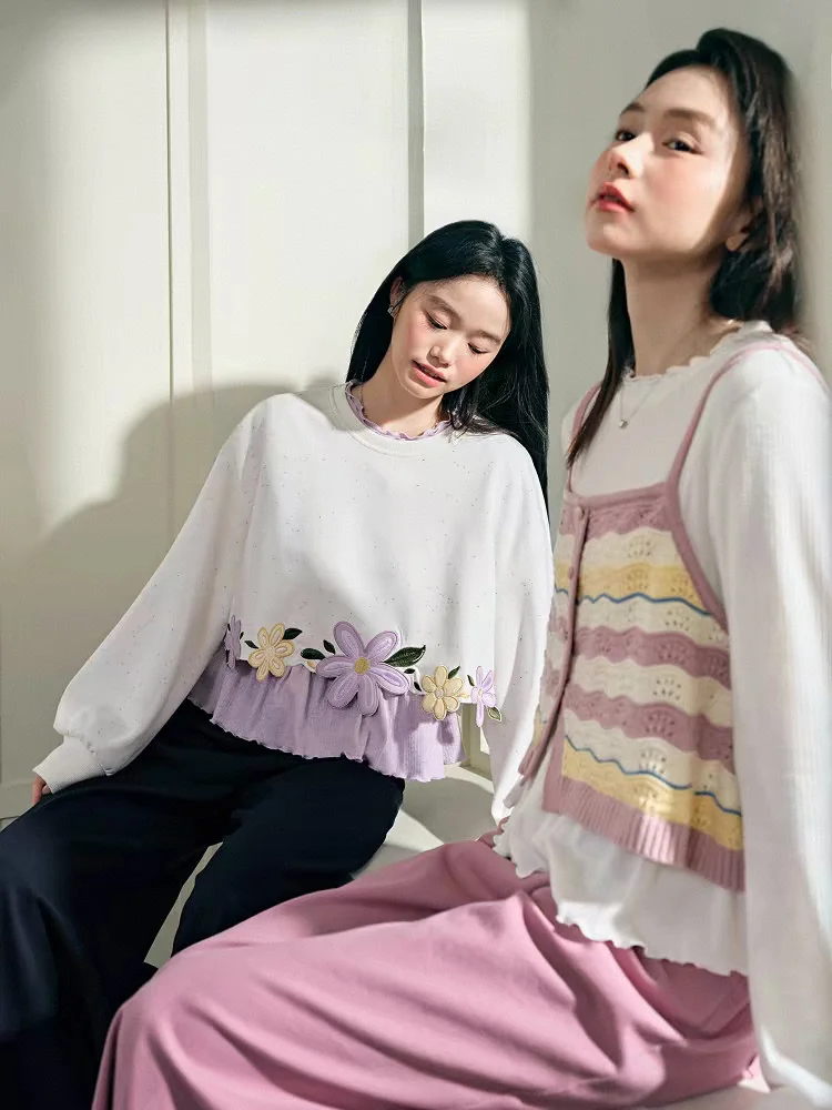 Light Purple Long Sleeve T-Shirt White under Shirt Spring New Women's Fashion Lace Hem Top Autumn Inner Wear Base Layer